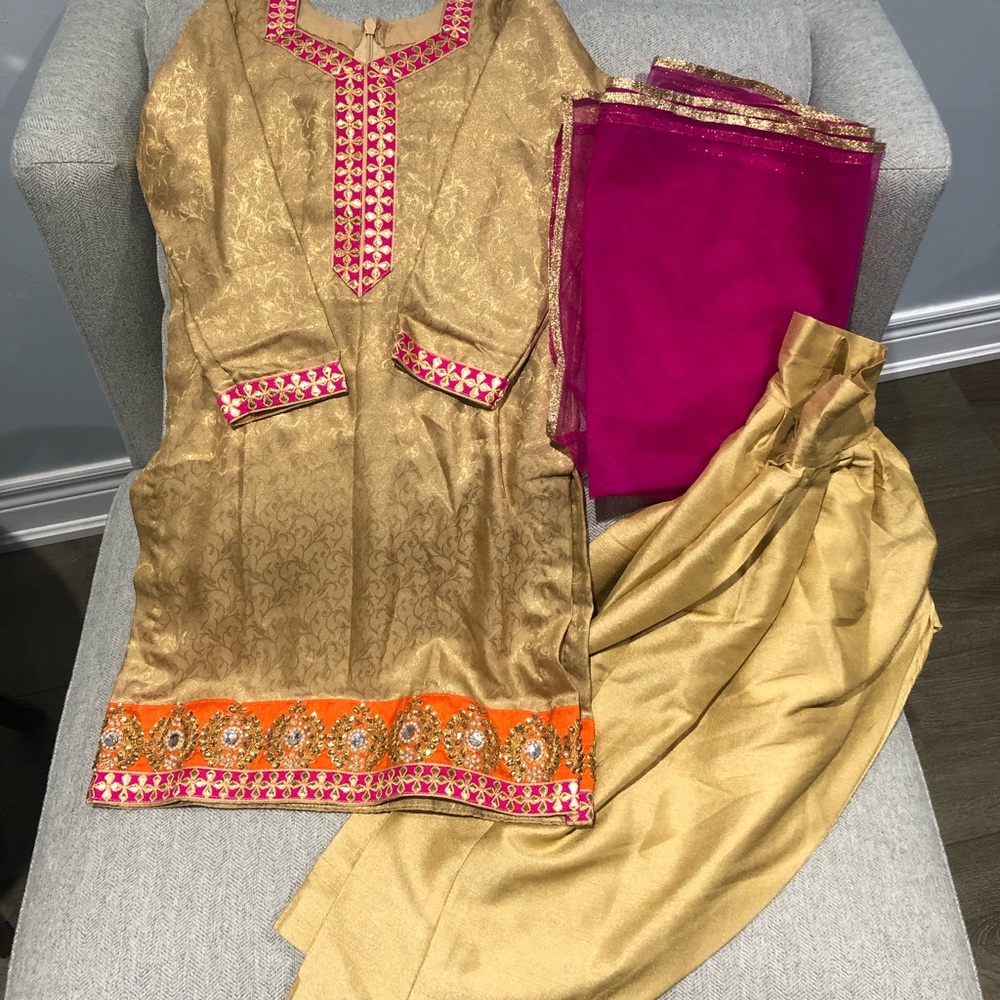 Kids salwar suit - gold/pink/orange
